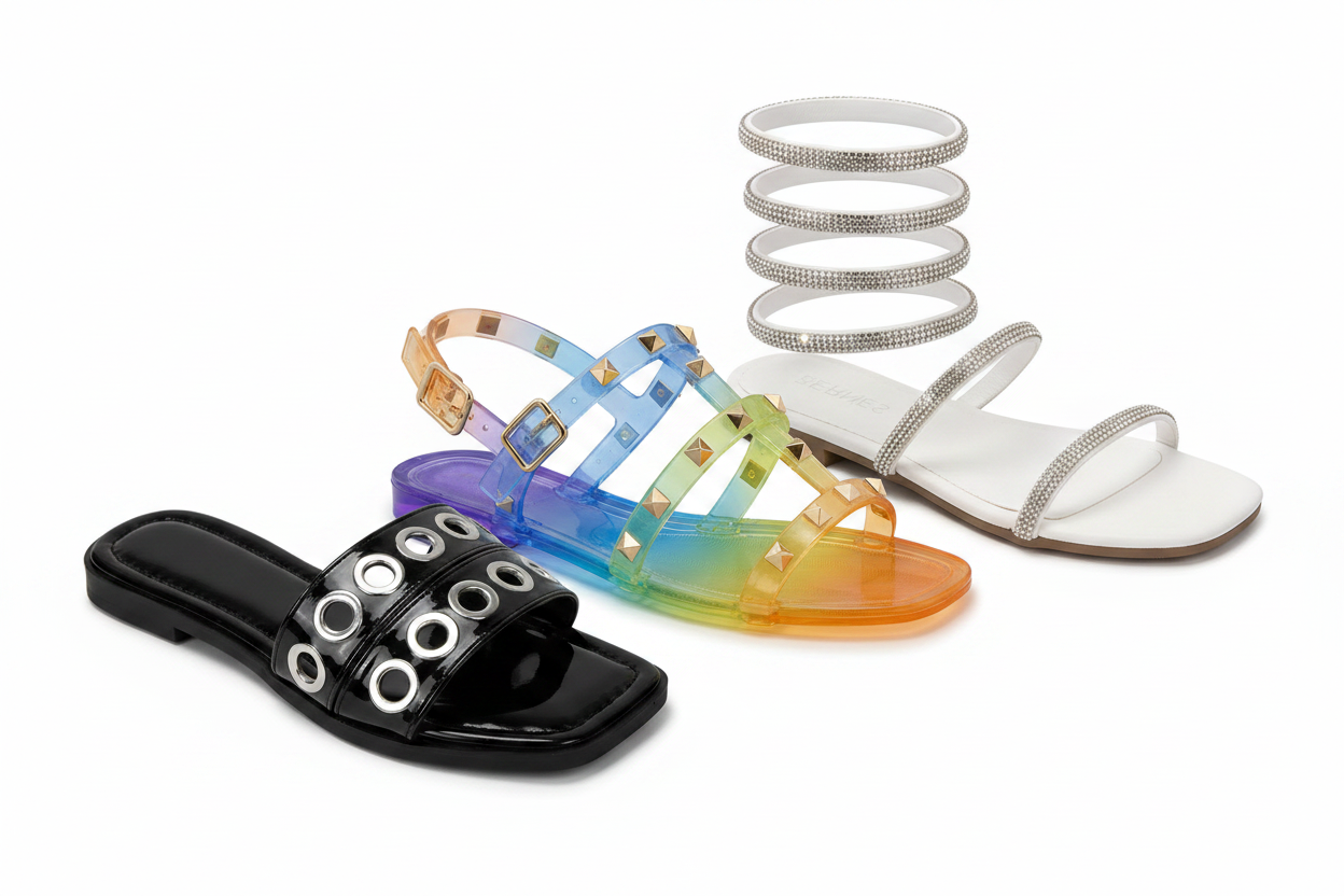 Six styles of trendy summer festival sneakers and platform boots for women and juniors in desert setting.