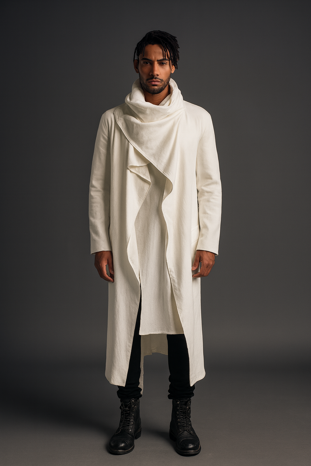 Man wearing a long white coat with a high collar against a gray background