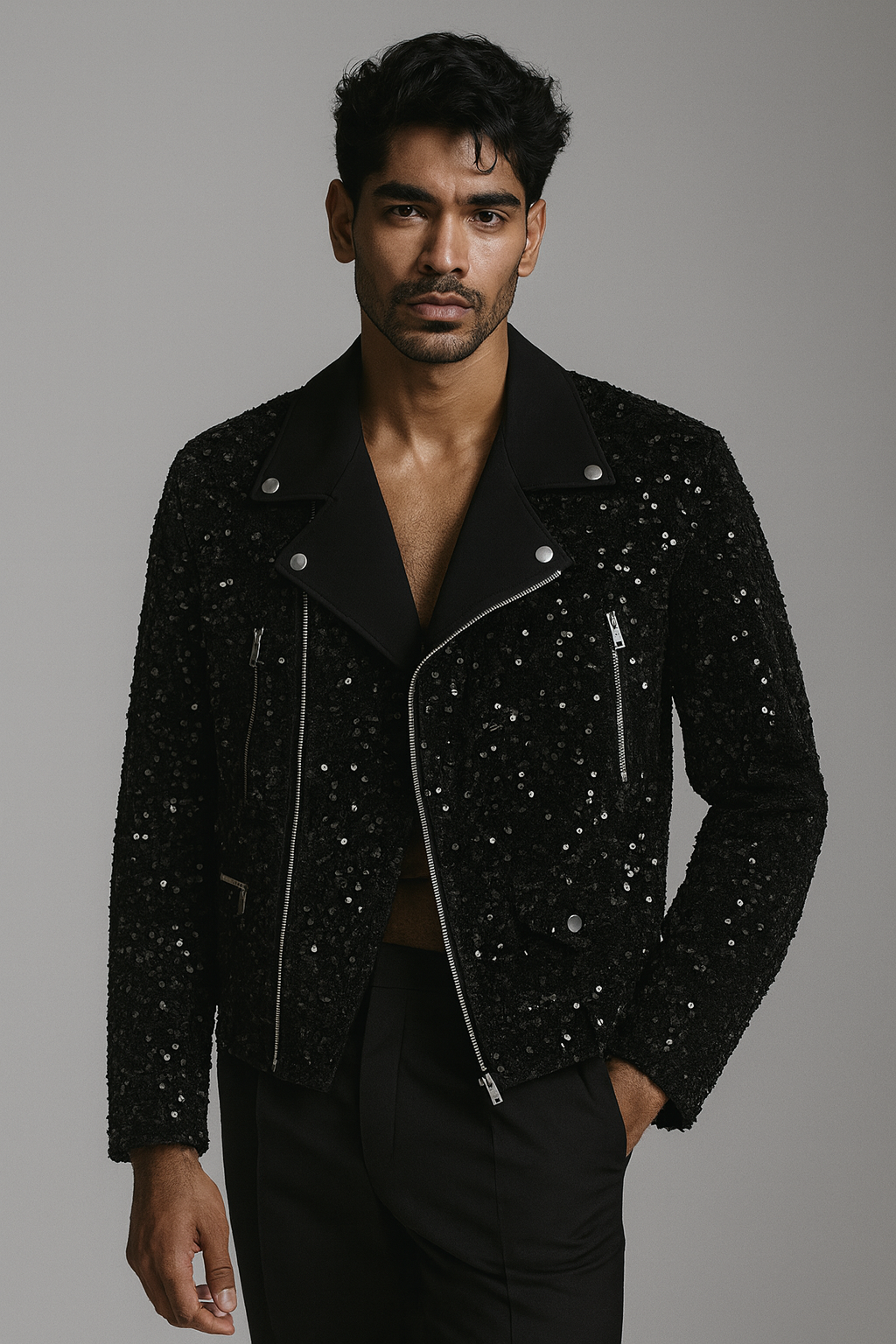 Sequin Zipfront Black Jacket - Mens