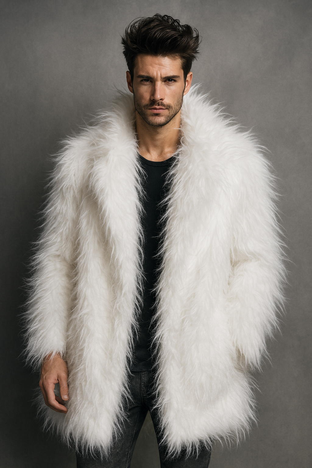 Faux Ostrich Long Coat White