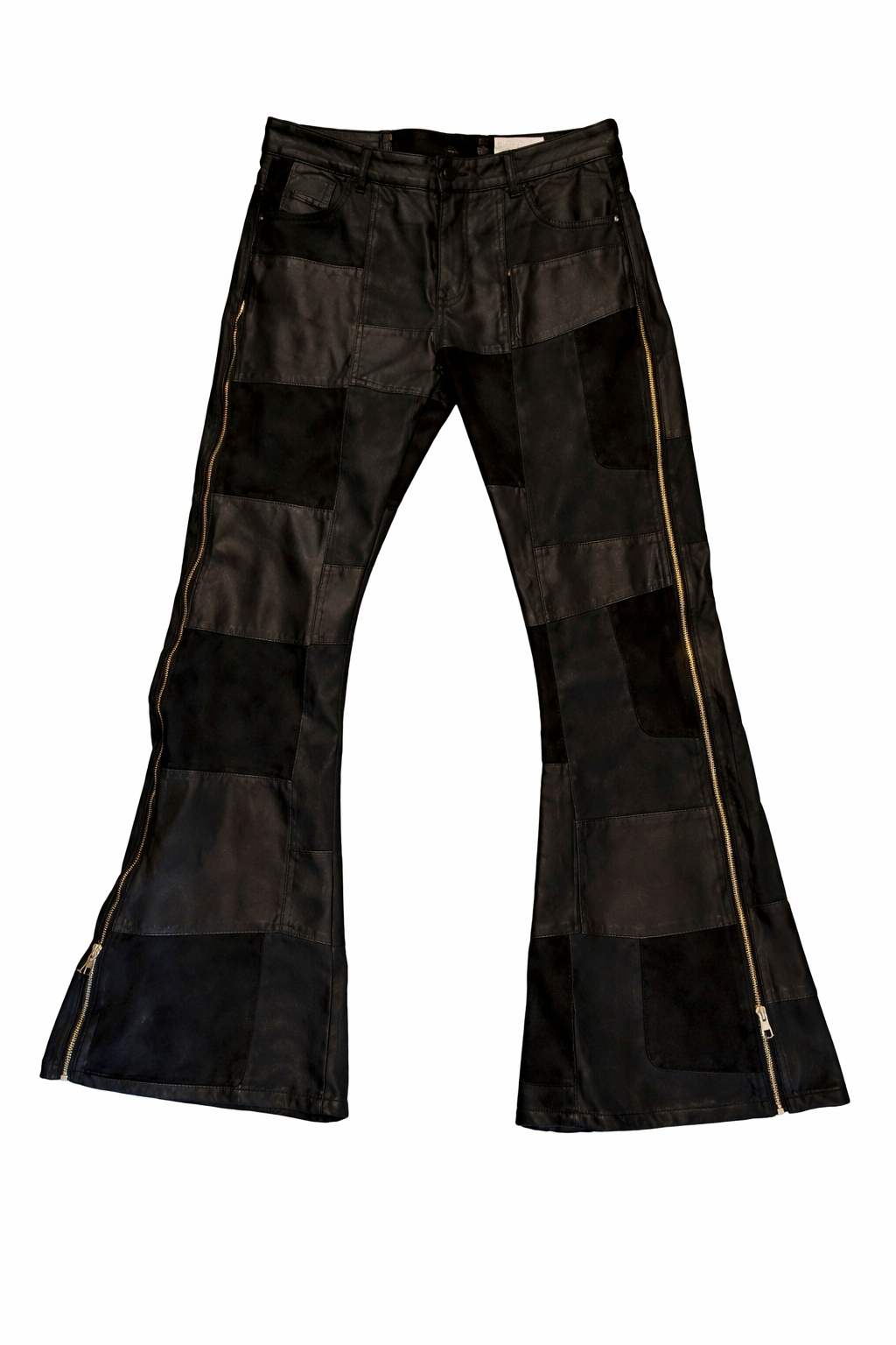 Black patchwork bell-bottom pants on a white background
