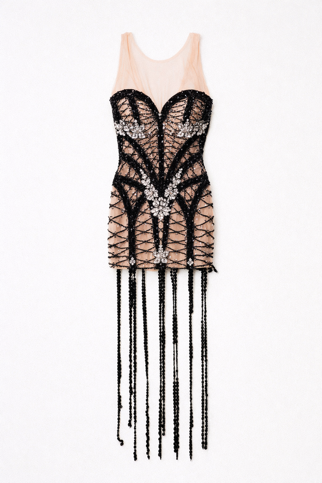 Rhinestone Sheer Mesh Tassel Mini Dress - Stagewear