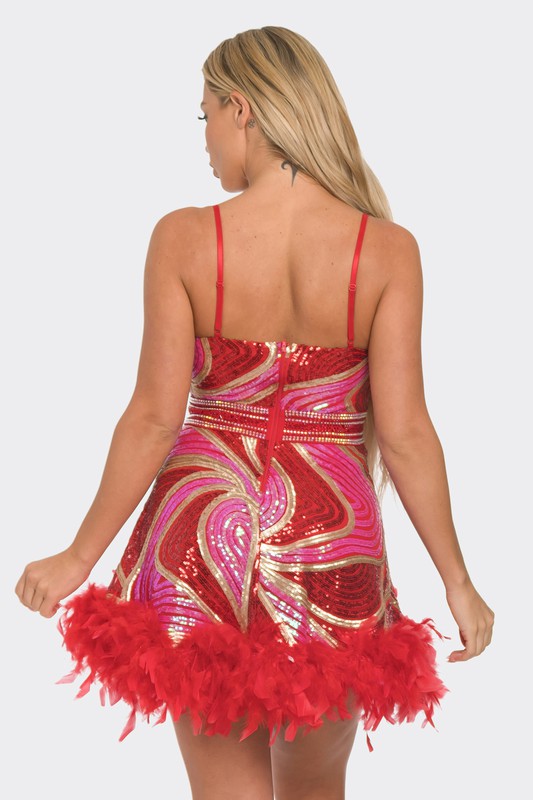 Sequin Feather Dress Red/Pink