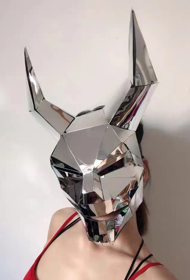 Long Horn Reflective Mask Silver - Wearable Art