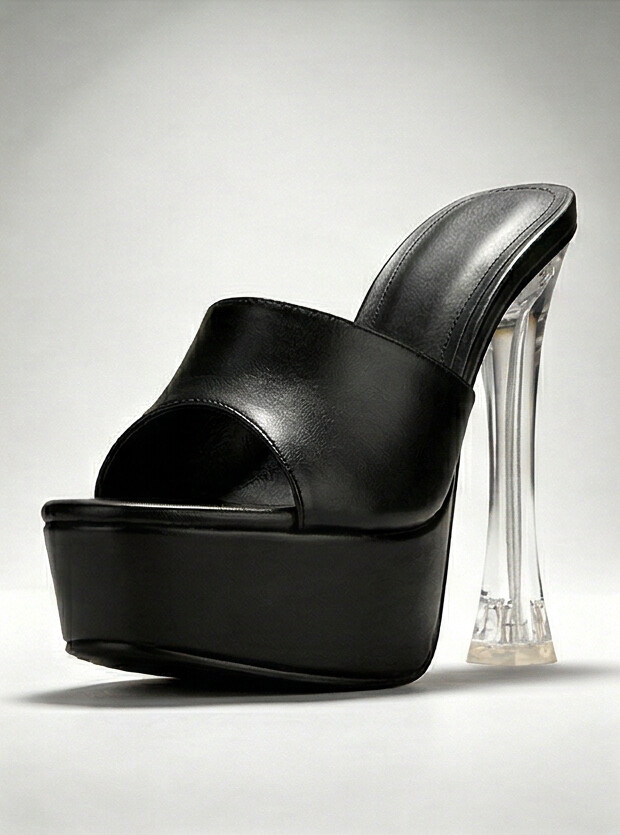 Black Leather Platform Mule with Clear Heel