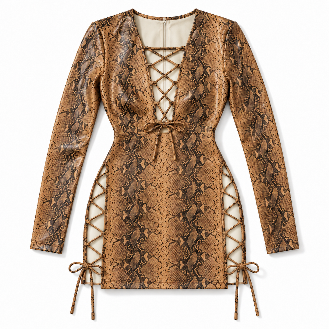 Snake Print PU Lace-Up Long Sleeve Mini Dress