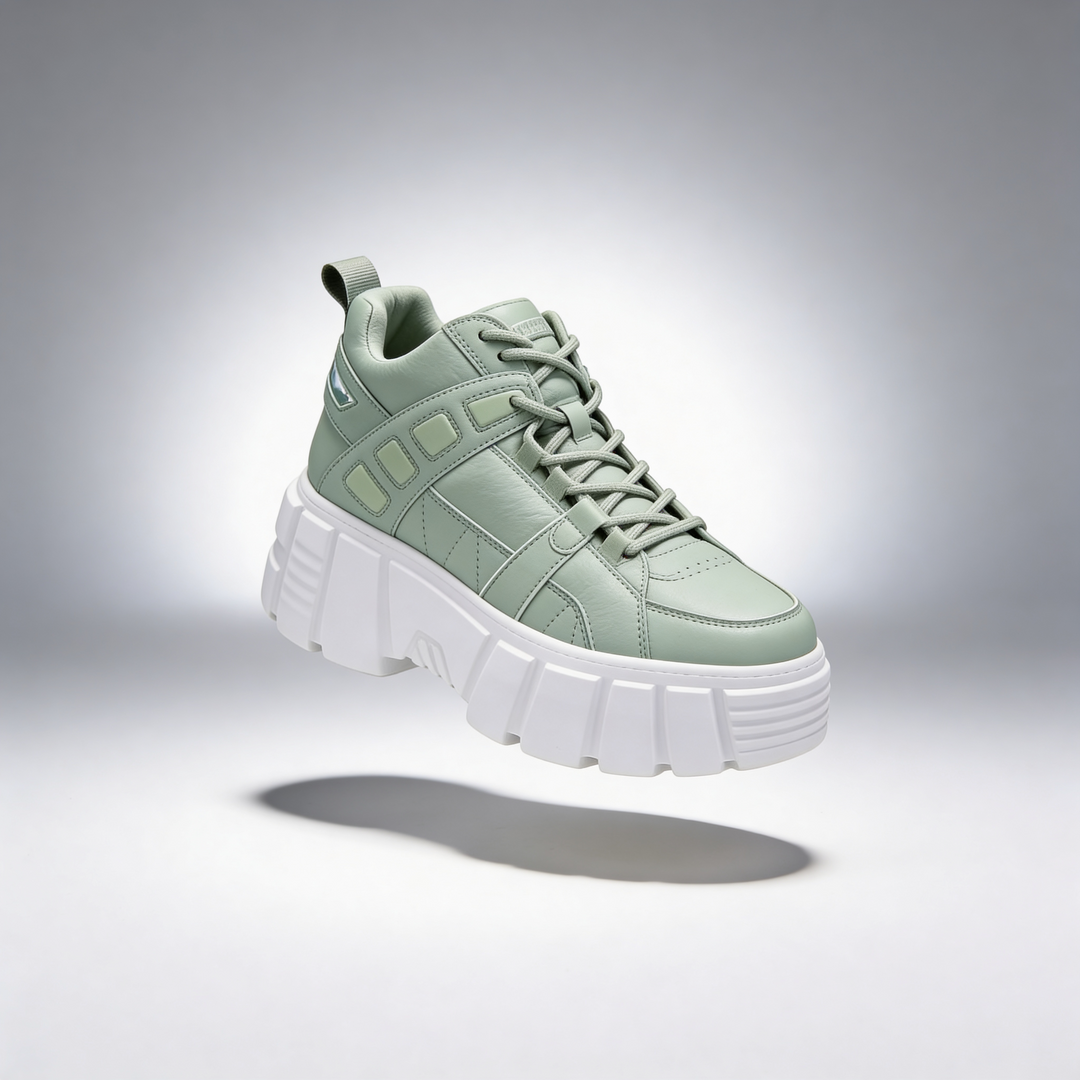 Light green sneaker with white sole on a gray background