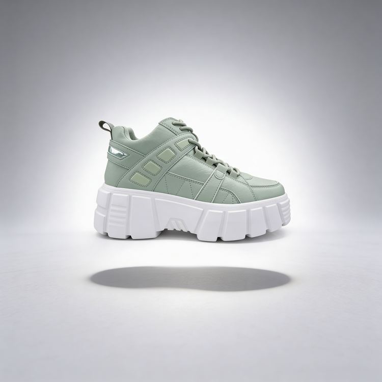 Light green sneaker with white sole on a gray background