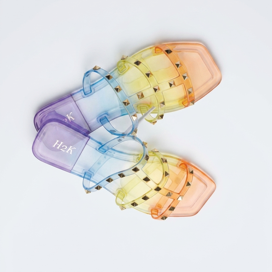 Set of colorful transparent sunglasses with 'H2K' branding on a light gray background