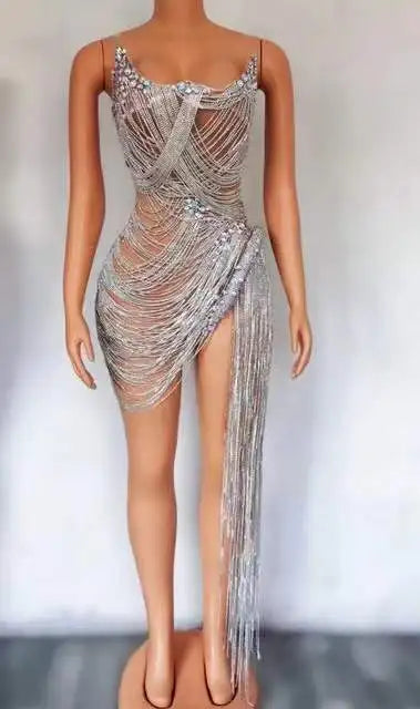 Silver Crystals Chains Sheer Dress - Stagewear