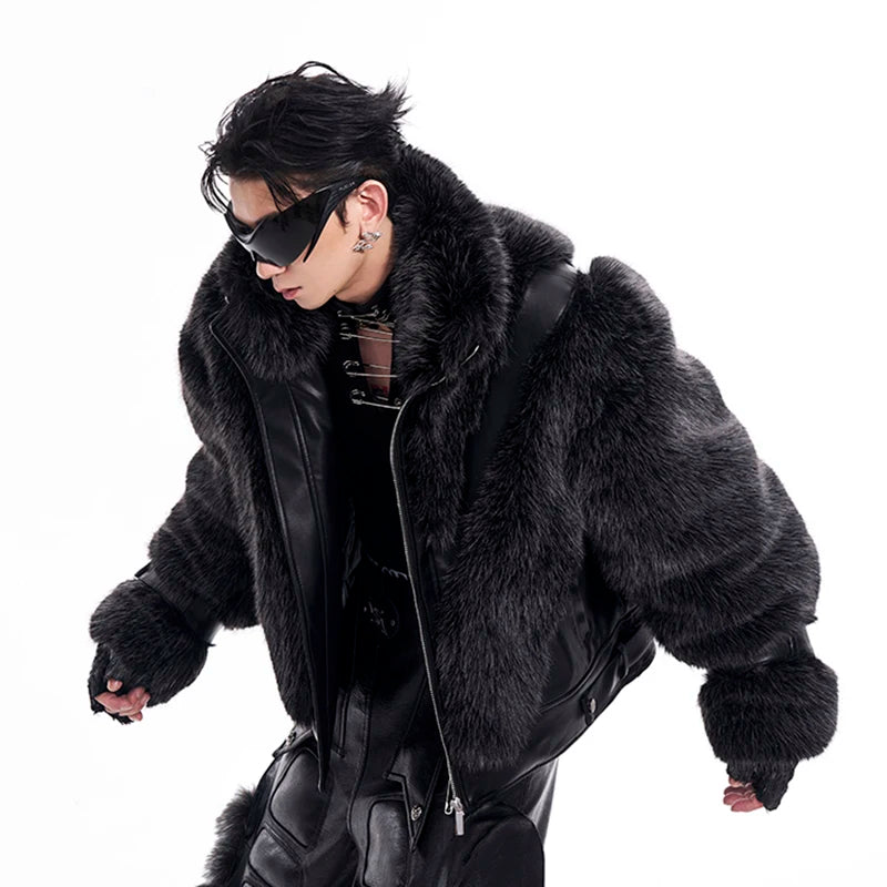 Men's Leather Patchwork  Faux Fur Coat - Stagewear