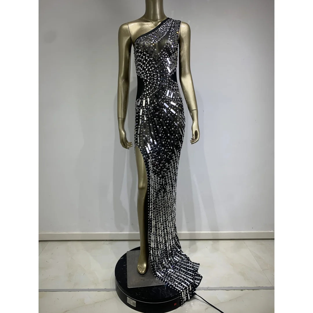 Rhinestone Sequin Sheer Sleeveless Dress - Stagewear