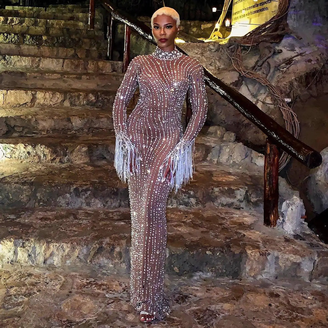 Rhinestone Transparent Dress - Stagewear Rhinestone Transparent Dress - Stagewear