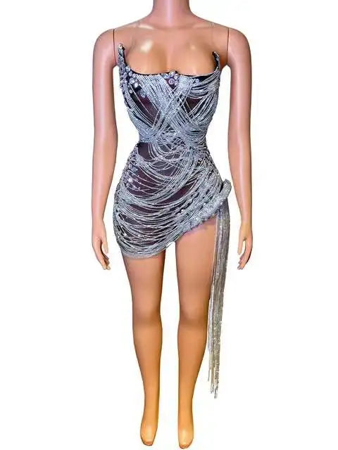 Silver Crystals Chains Sheer Dress - Stagewear