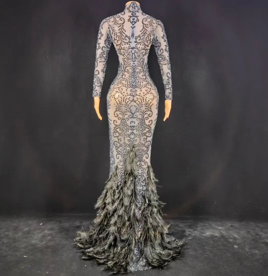 Mesh Rhinestone Feather Dress - Stagewear