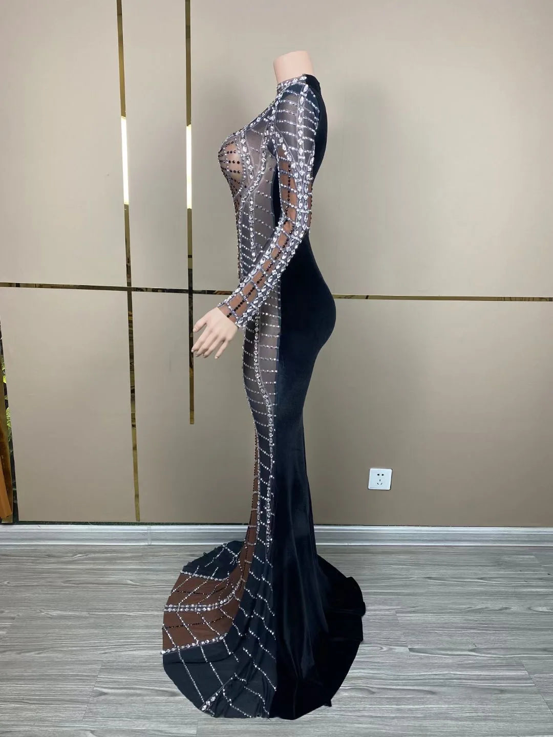 Sparkling Rhinestone Mesh Long Dress - Stagewear