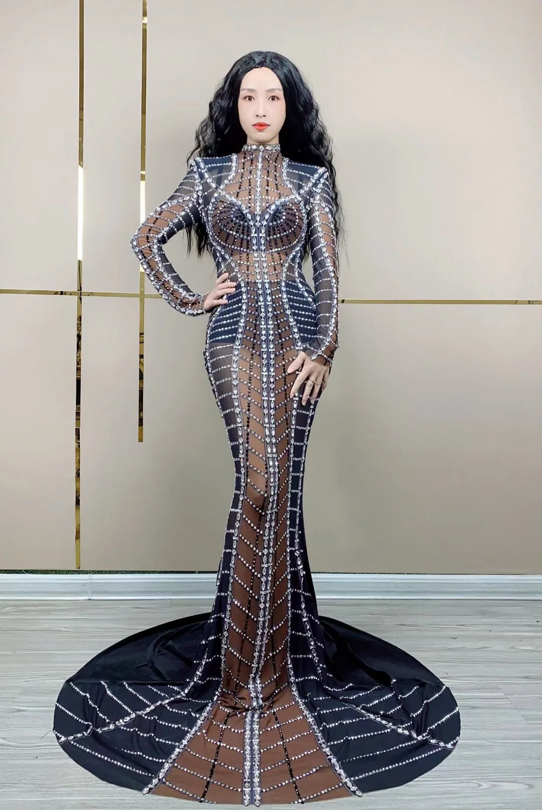 Sparkling Rhinestone Mesh Long Dress - Stagewear