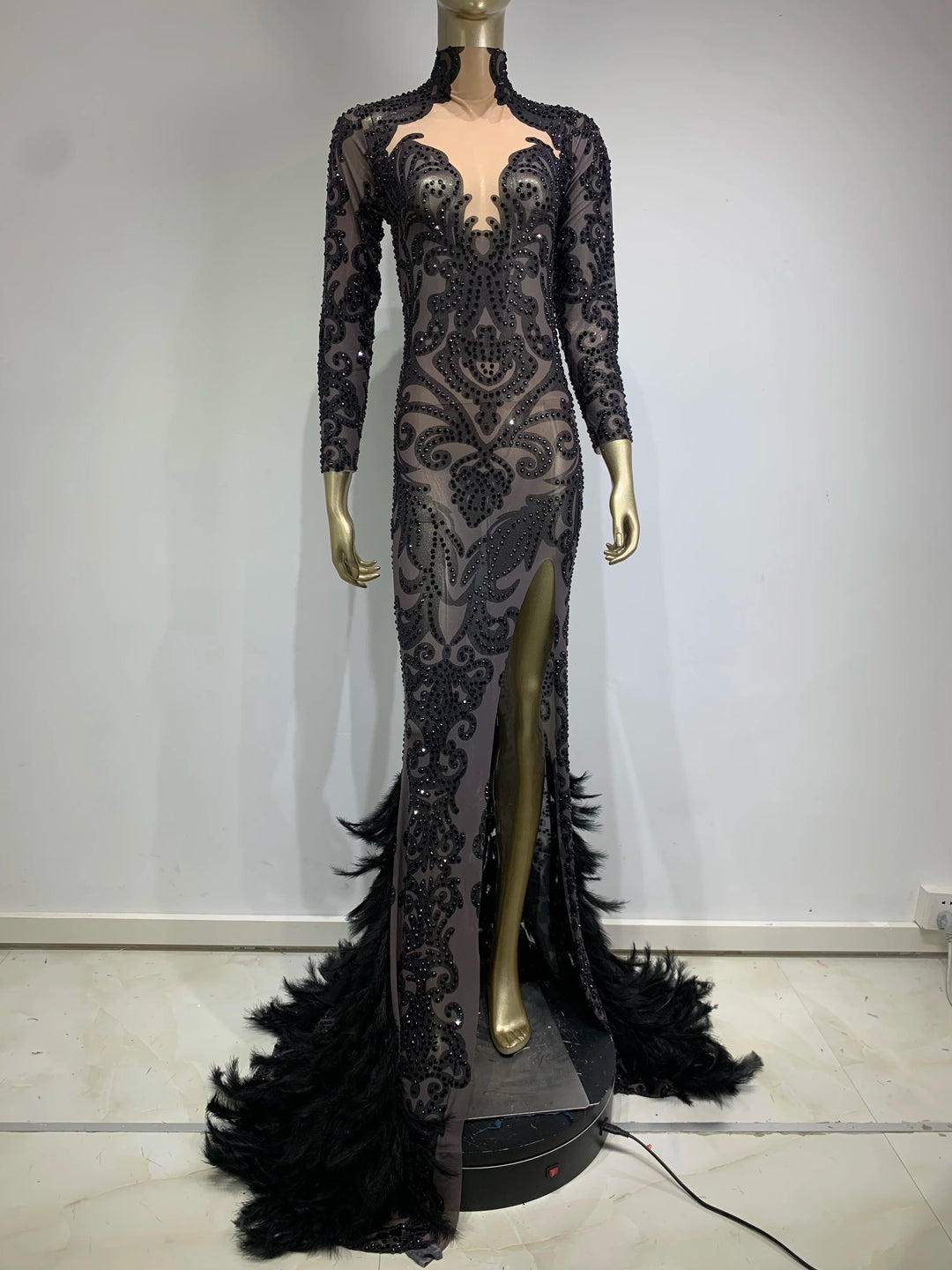 Mesh Rhinestone Feather Dress - Stagewear