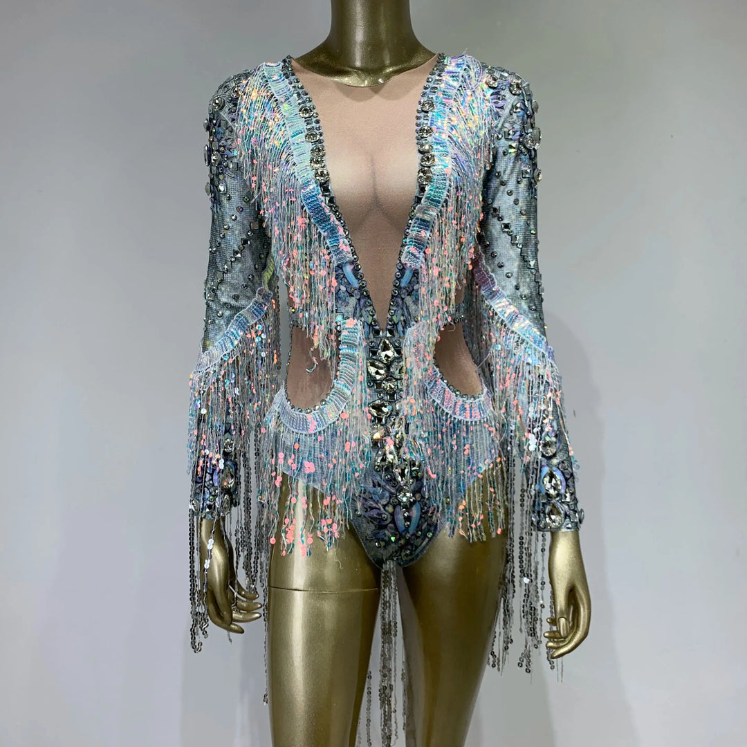 Sequin Tassel Cutout Bodysuit - Stagewear