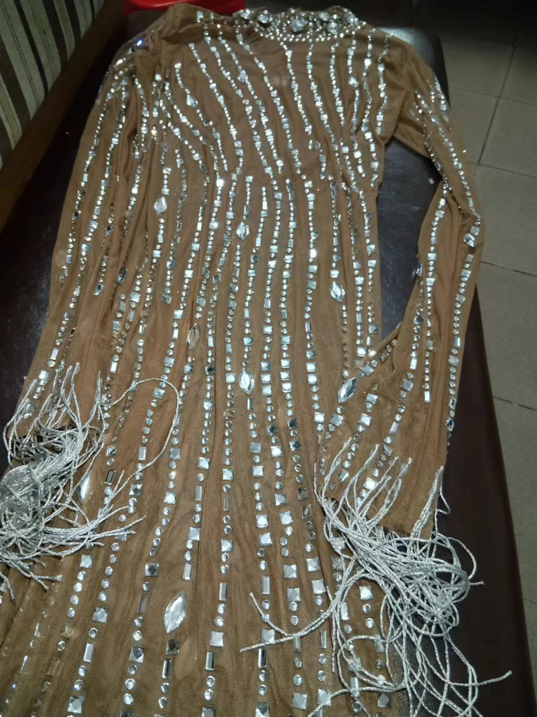 Rhinestone Transparent Dress - Stagewear Camel / S Rhinestone Transparent Dress - Stagewear Camel / S