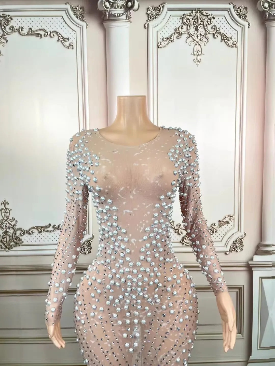 Pink Long Dress With Sparkling Rhinestones - Stagewear