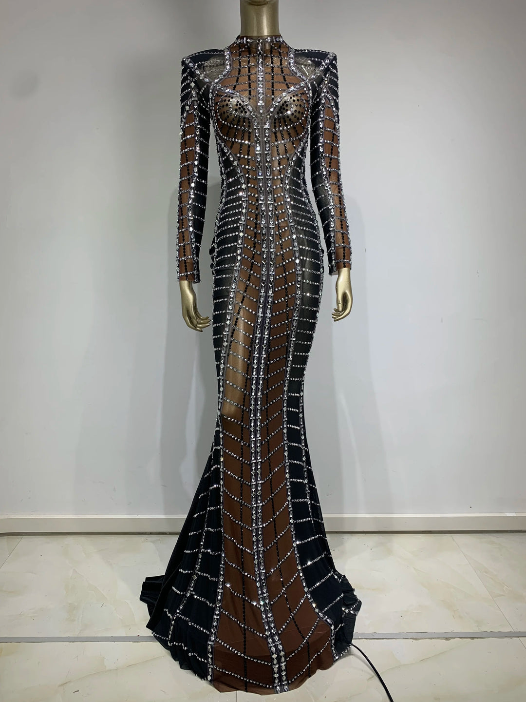 Sparkling Rhinestone Mesh Long Dress - Stagewear