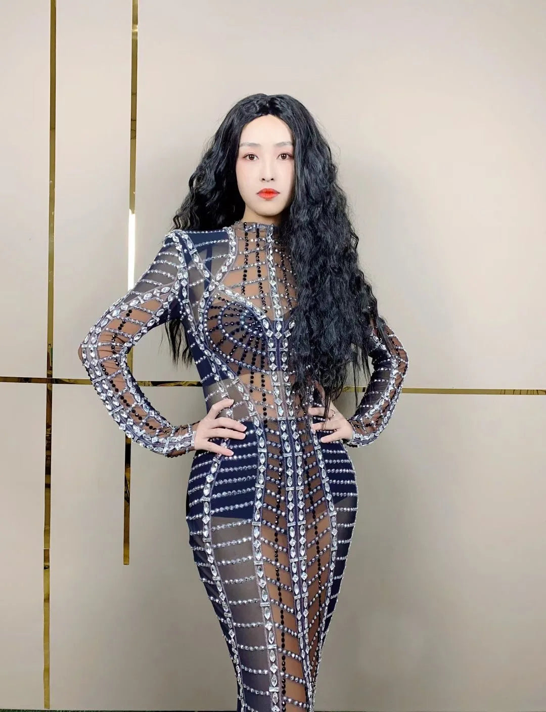 Sparkling Rhinestone Mesh Long Dress - Stagewear