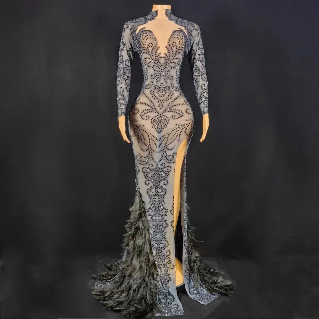 Mesh Rhinestone Feather Dress - Stagewear