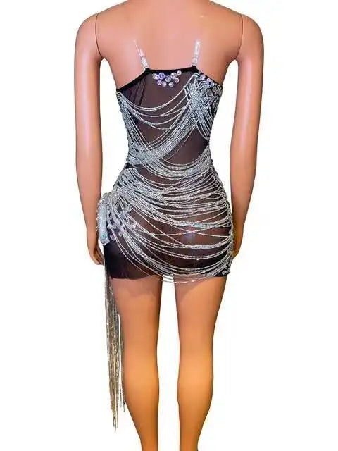 Silver Crystals Chains Sheer Dress - Stagewear