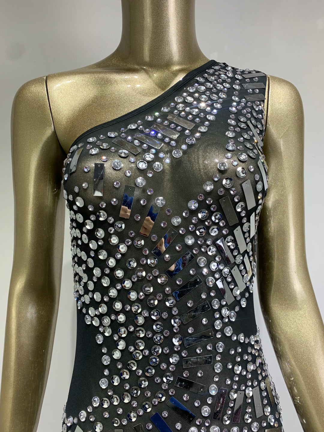 Rhinestone Sequin Sheer Sleeveless Dress - Stagewear