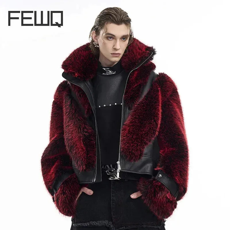 Men's Leather Patchwork  Faux Fur Coat - Stagewear