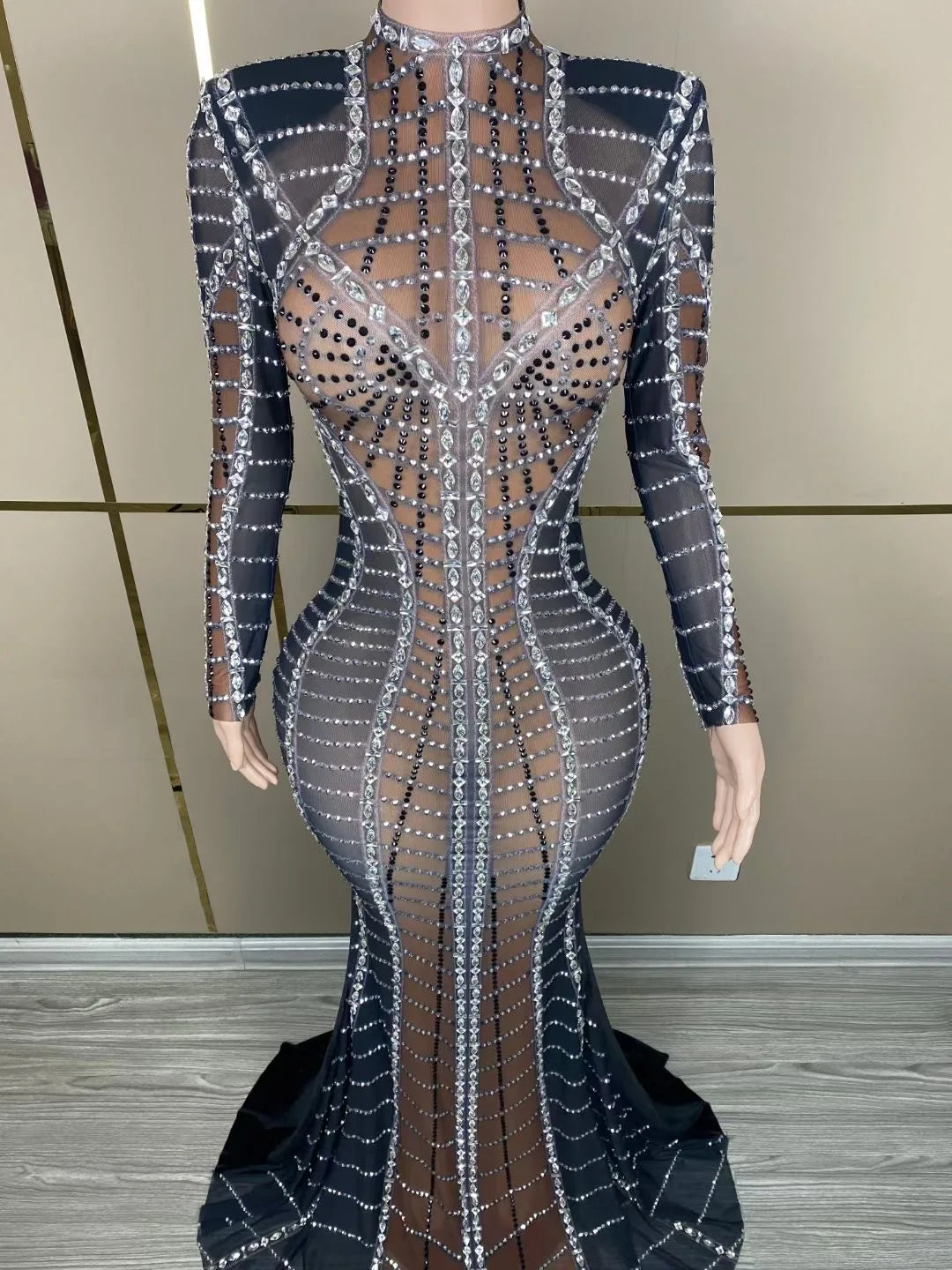 Sparkling Rhinestone Mesh Long Dress - Stagewear