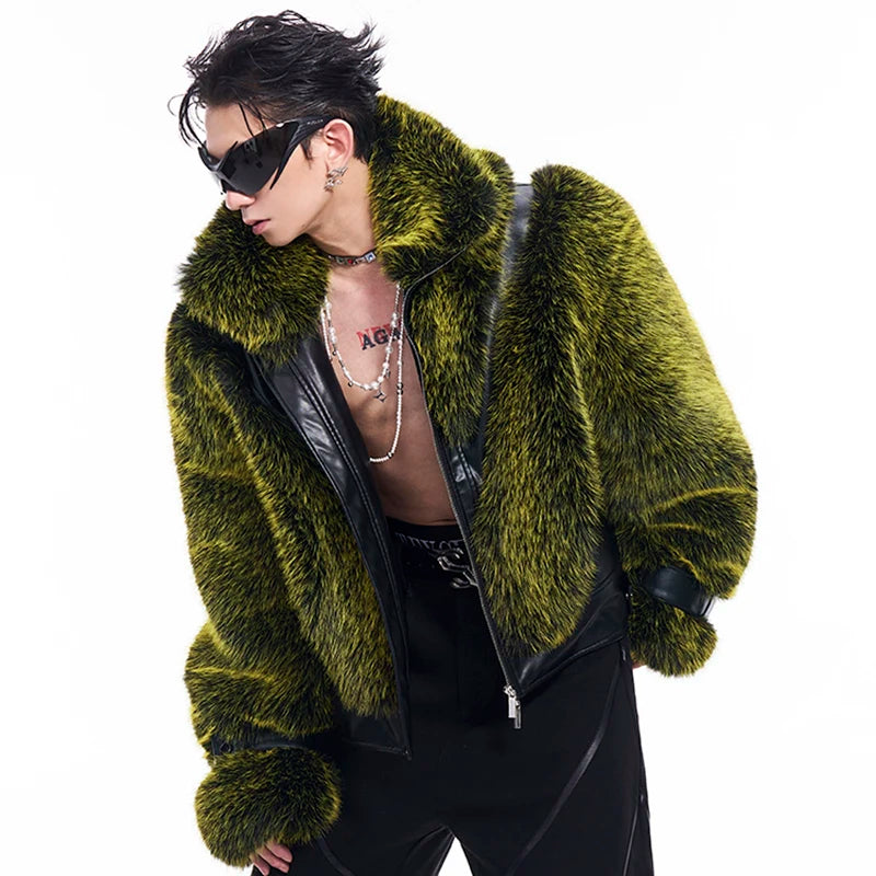 Men's Leather Patchwork  Faux Fur Coat - Stagewear