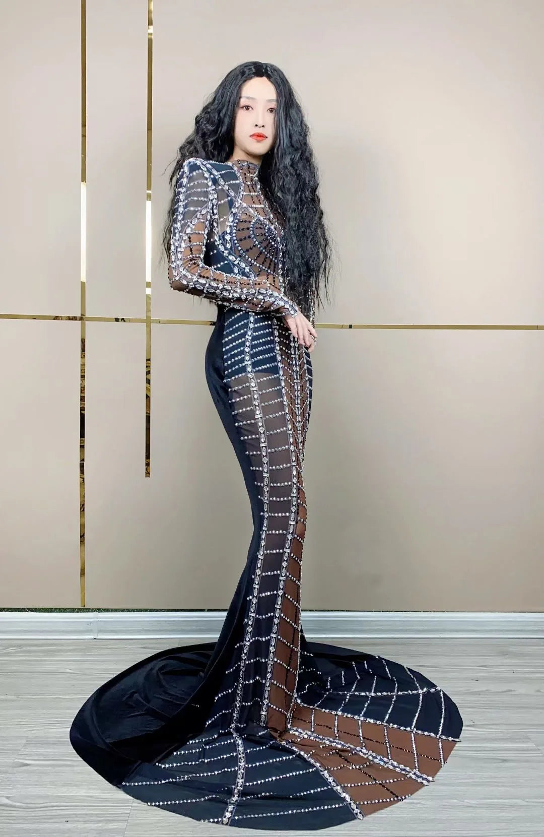 Sparkling Rhinestone Mesh Long Dress - Stagewear