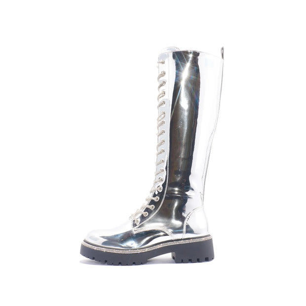 Transform Combat Boot Patent Silver - Shoe Whore