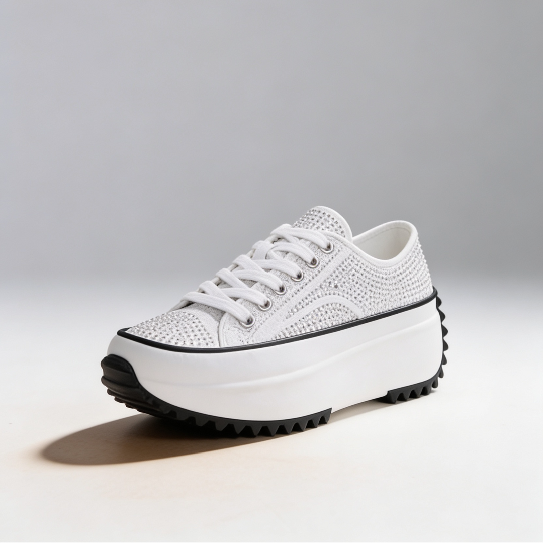 White Canvas Crystal Embellished Platform Sneakers