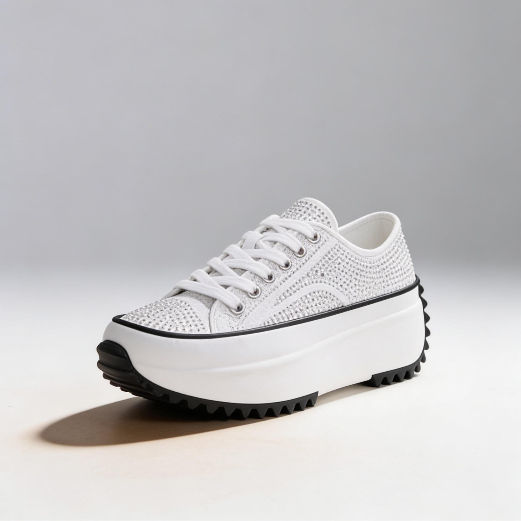 White Canvas Crystal Embellished Platform Sneakers