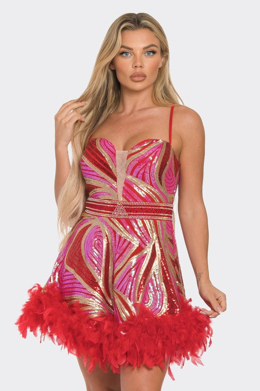 Sequin Feather Dress Red/Pink