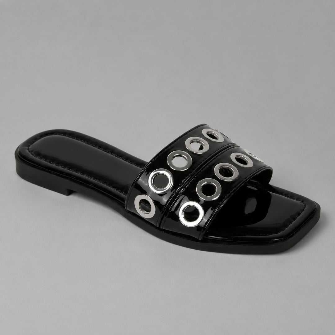 black-patent-grommet-festival-slides