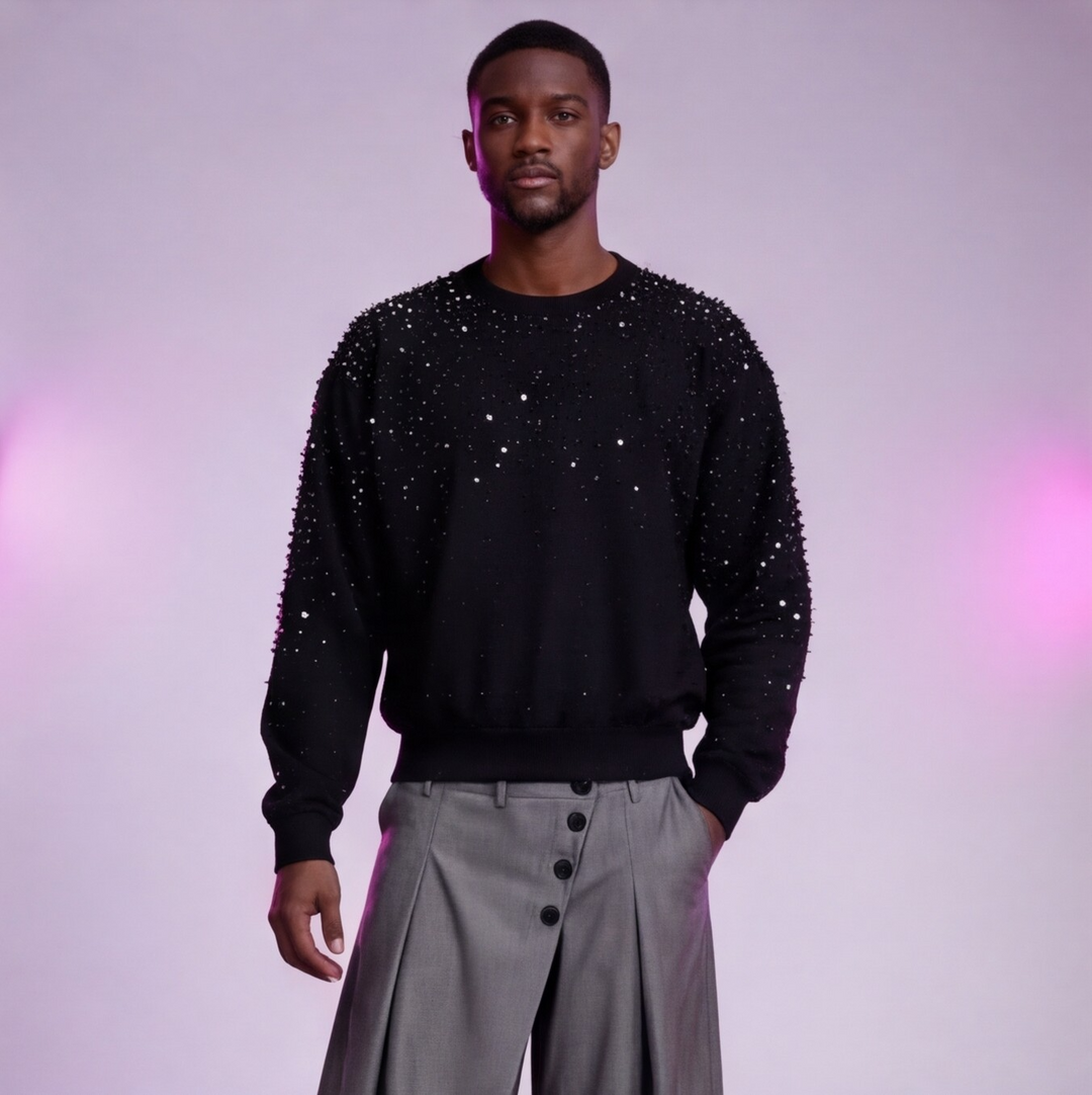 Rhinestone Neoprene Crewneck Sweatshirt - Mens