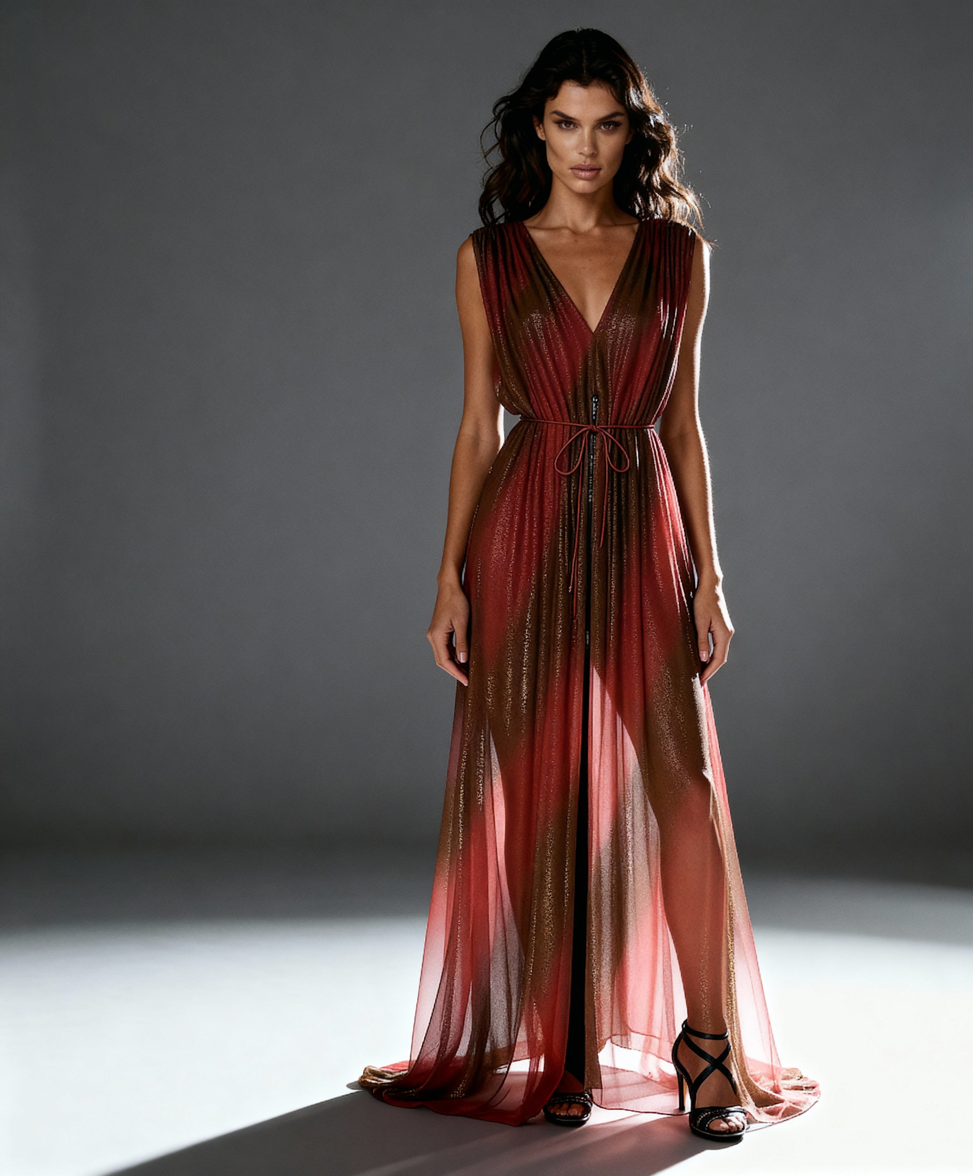 Model wearing a red C&D metallic Goddess Cape. 