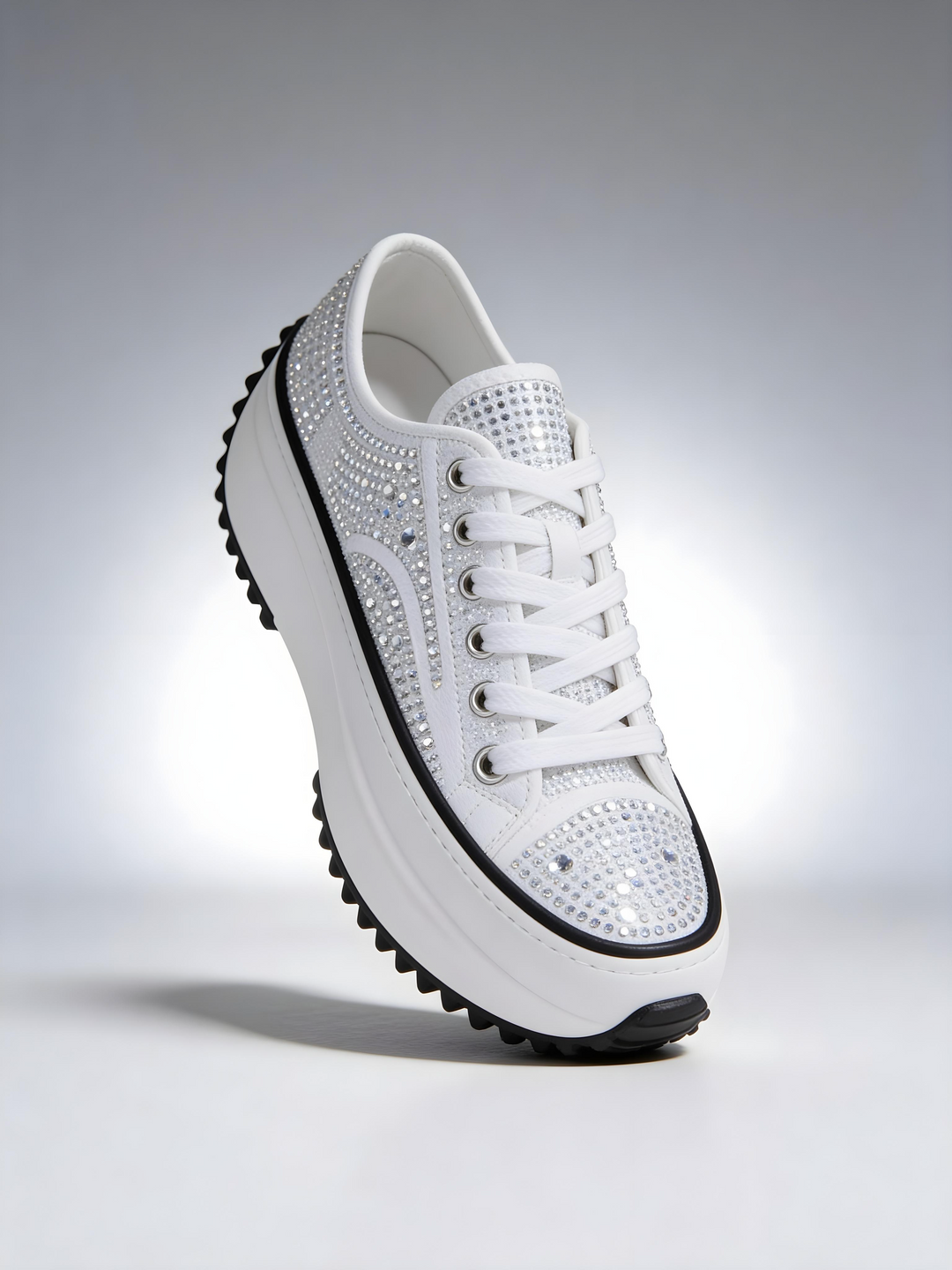 White Canvas Crystal Embellished Platform Sneakers