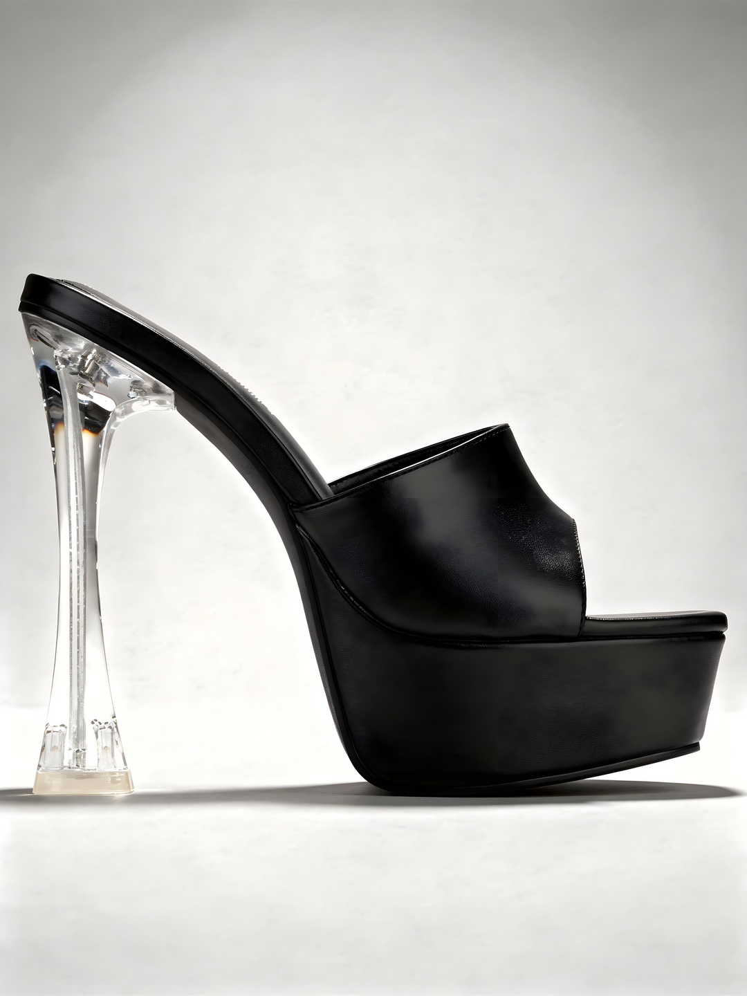 Black Leather Platform Mule with Clear Heel