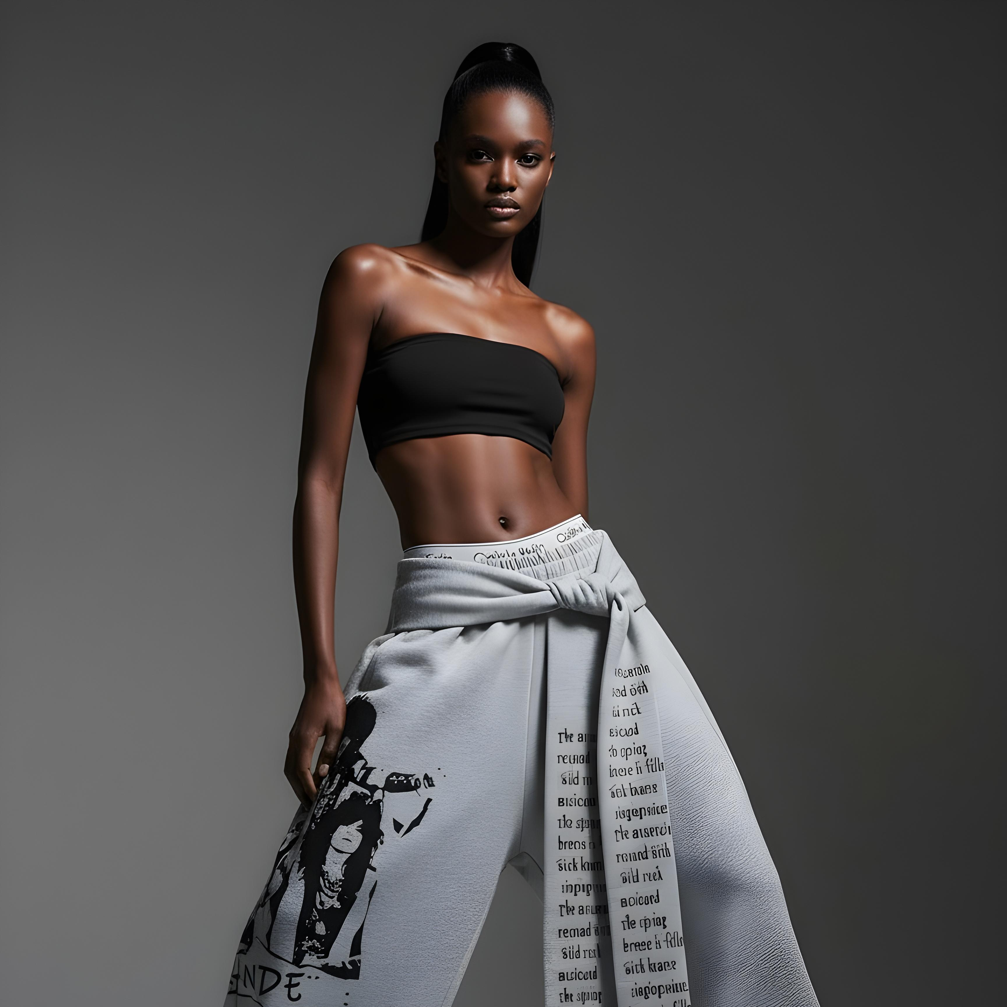 Model wearing a black strapless top and light gray wide-leg pants with text design on a gray background