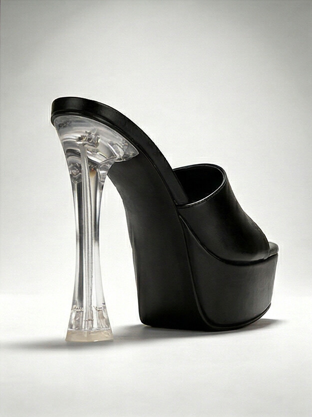 Black Leather Platform Mule with Clear Heel