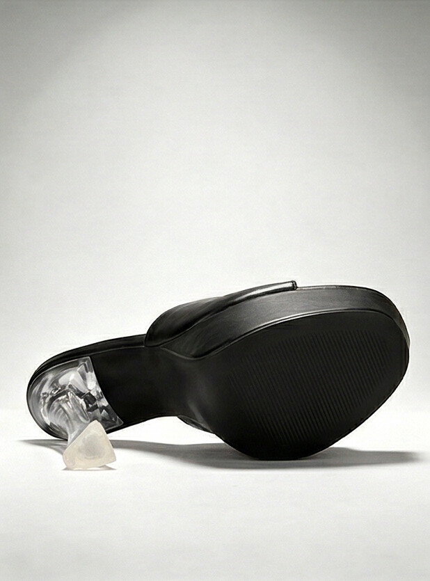 Black Leather Platform Mule with Clear Heel