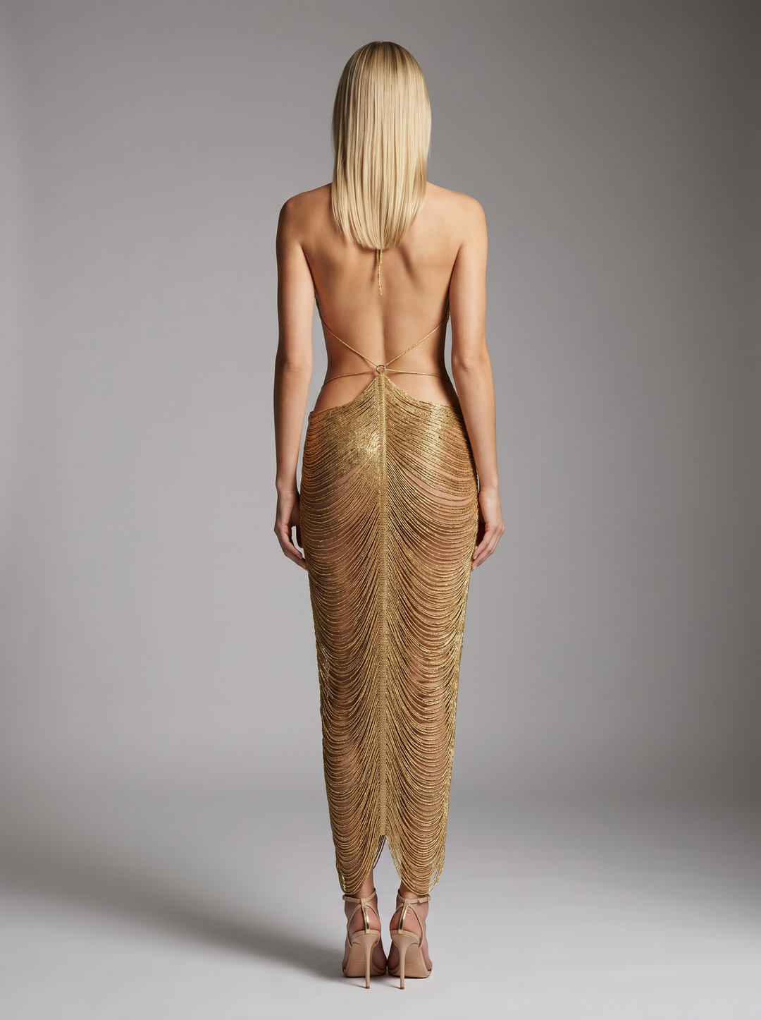 Gold Liquid Chain Fringe Halter Maxi Dress