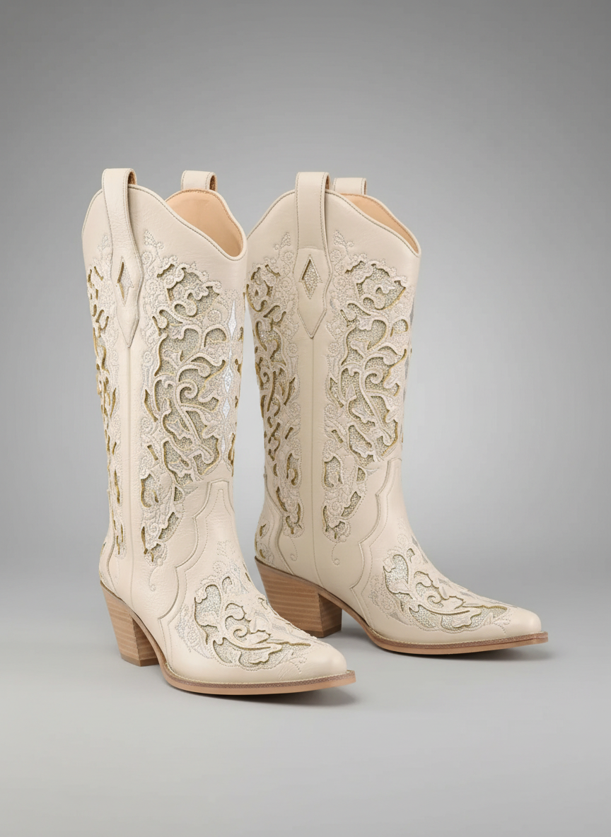 Beige Glitter Inlay Cowboy Boot