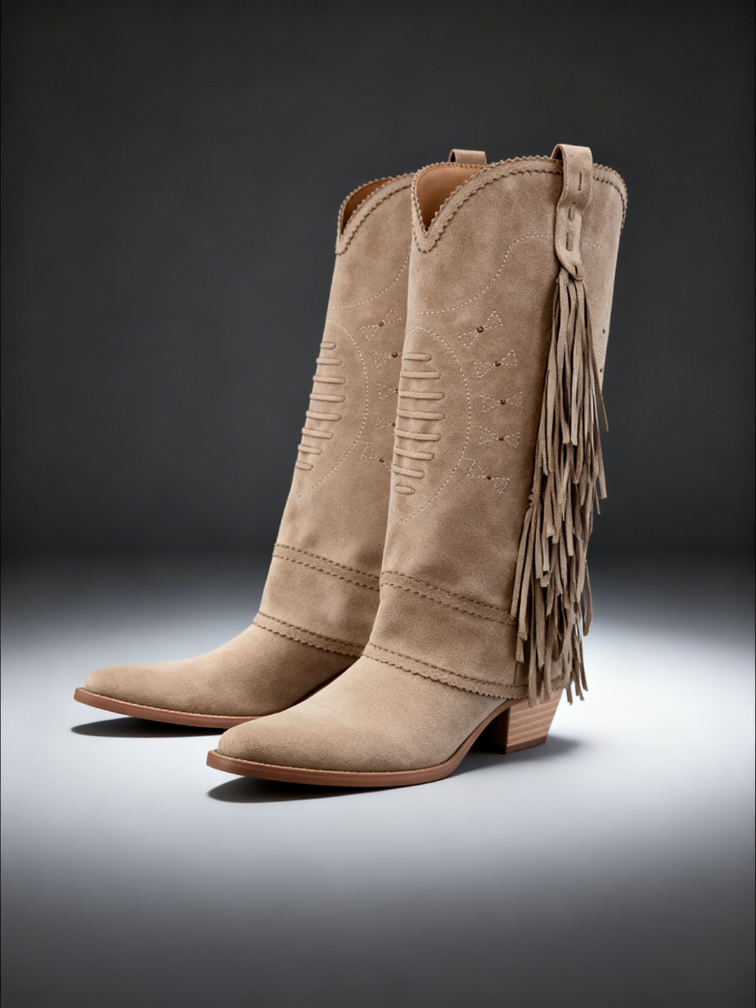 Beige Suede Fringe Western Cowboy Boot