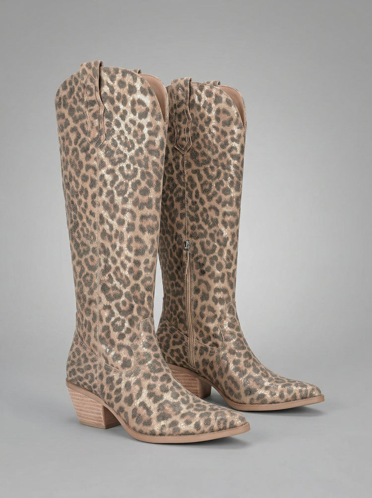 Leopard print knee-high boots on a gray background